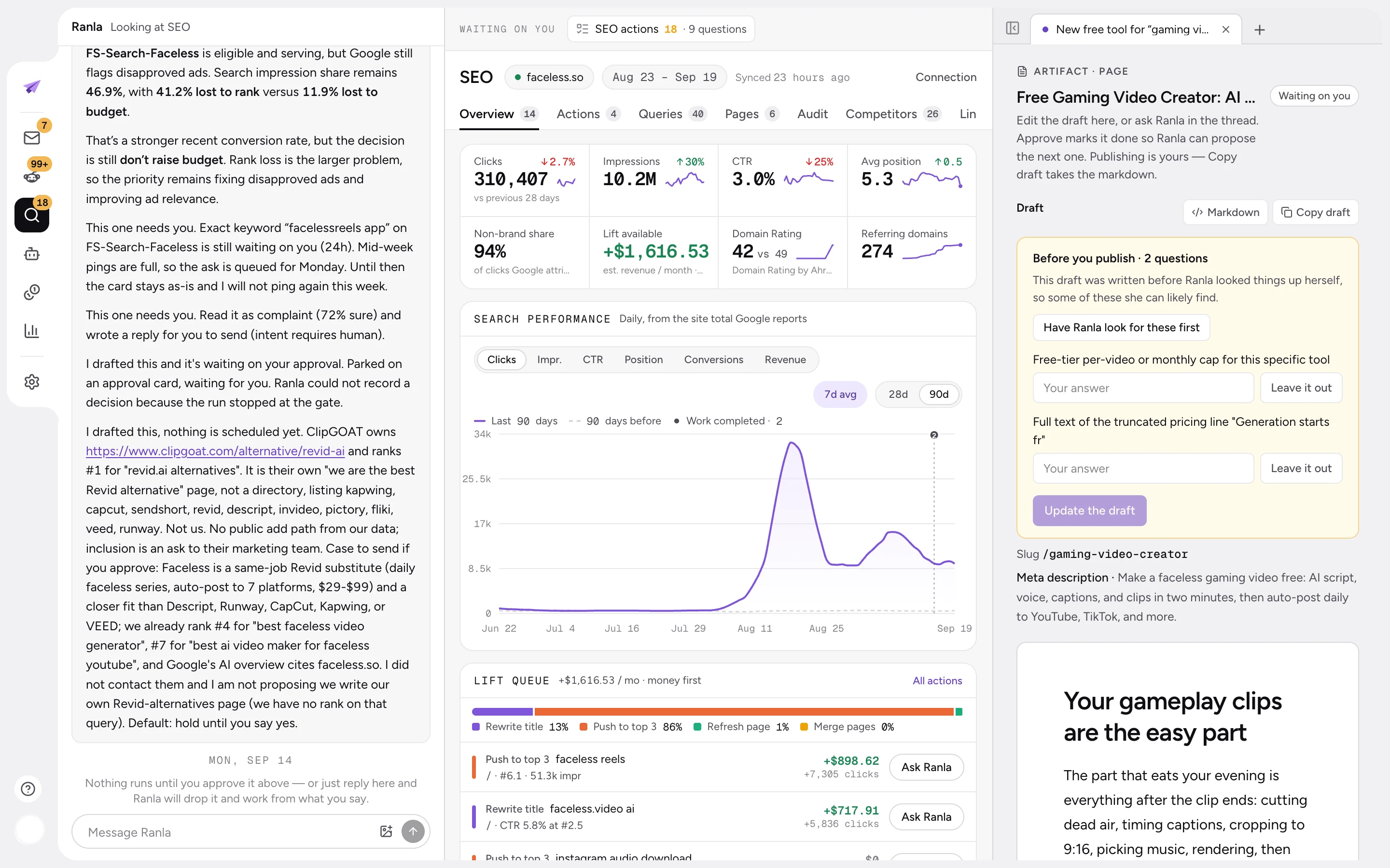 The Search page: clicks, impressions, estimated revenue available, and a queue of pages to push up or retitle, with Ranla beside it.