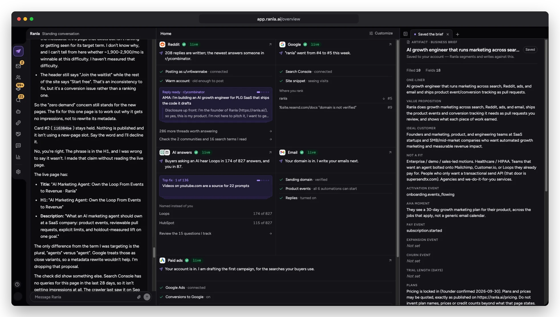 Ranla's Home: the conversation with Ranla, a live card for each channel (Reddit, Google, AI answers, email, paid ads), and the saved business brief
